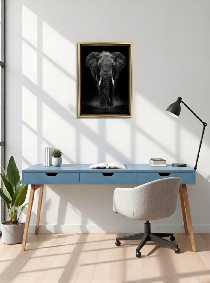 Dark Sovereign Elephant Canvas Wall Art Size A2 Gold Floating Frame