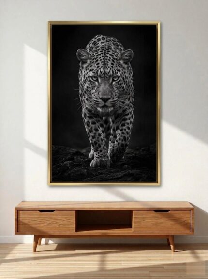 Shadow Stalker Leopard Canvas Wall Art Size A01 Gold Floating Frame