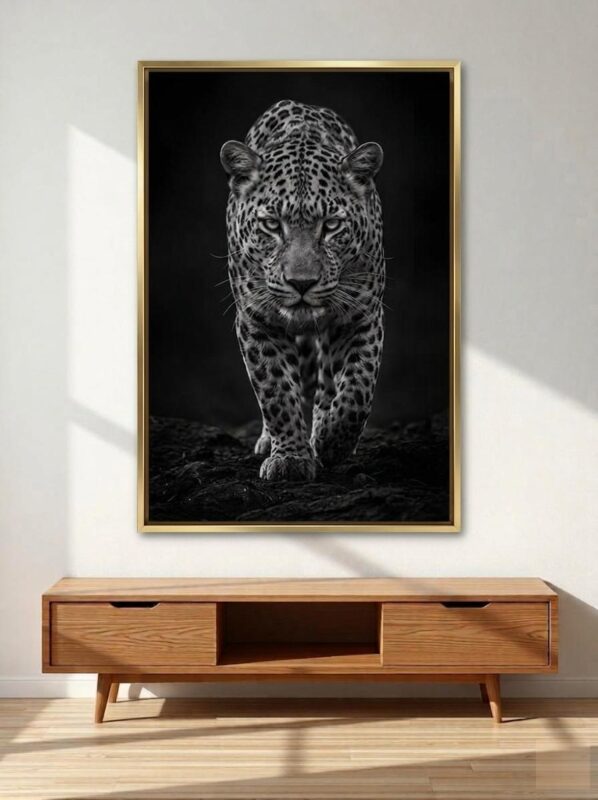 Shadow Stalker Leopard Canvas Wall Art Size A01 Gold Floating Frame