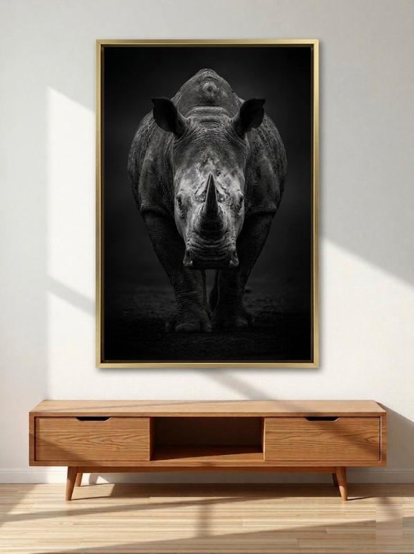 Silent Rampage Rhino Canvas Wall Art Size A01 Gold Floating Frame