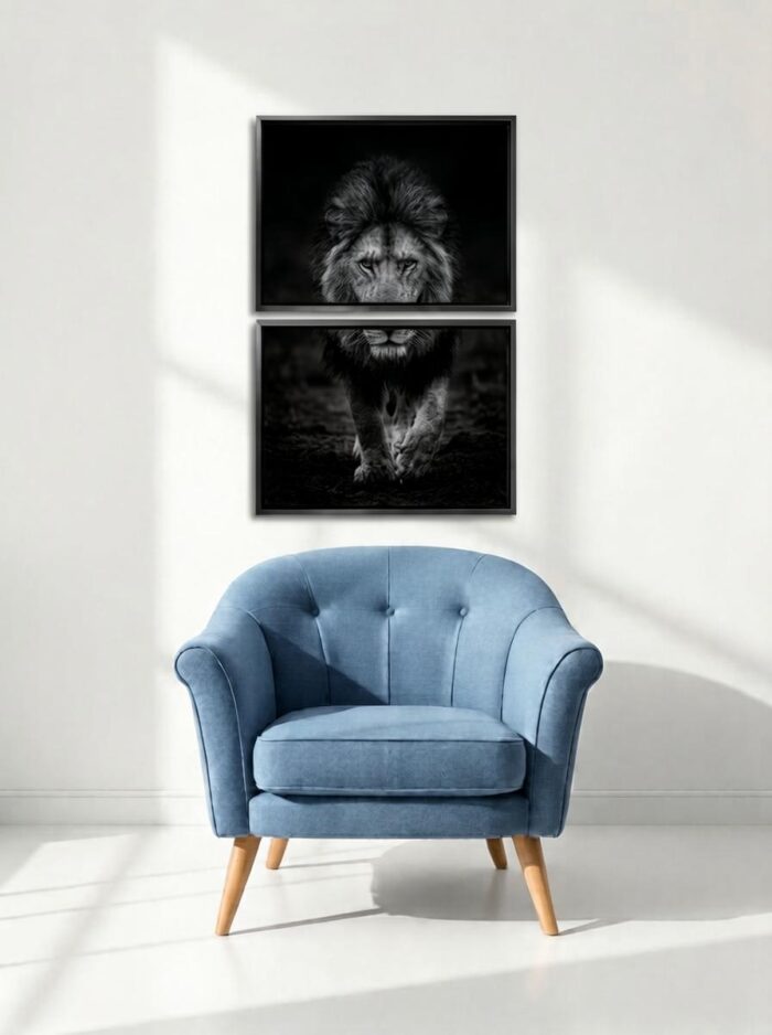 The Silent Reign Lion Canvas Wall Art 2 Rectangles Black Floating Frame
