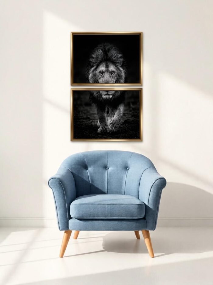 The Silent Reign Lion Canvas Wall Art 2 Rectangles Gold Floating Frame