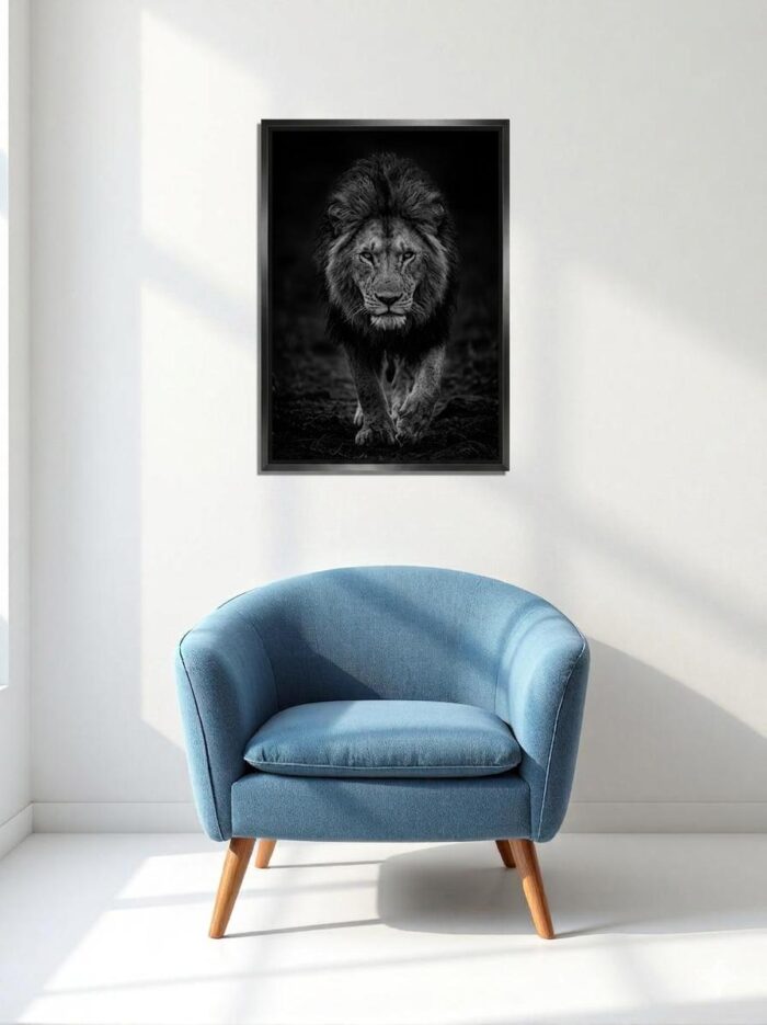 The Silent Reign Lion Canvas Wall Art Size A1 Black Floating Frame
